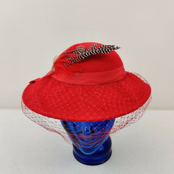 Lancaster Red Wool with Feather and Net Hat by Patrice - Picture 2 of 7